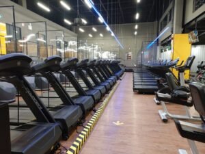Row of treadmills and exercise machines in a well-lit modern gym setting.